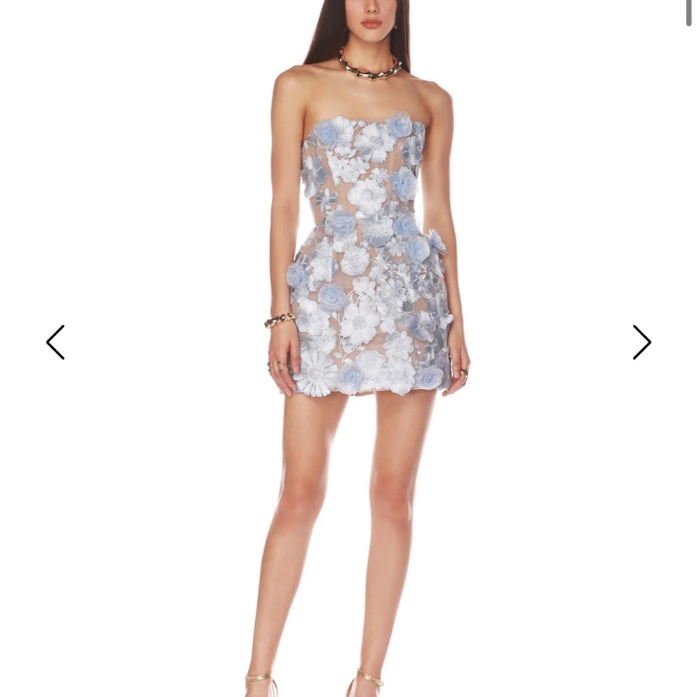 Bronx and Banco Strapless 3D Floral Mini Dress in Light Blue and White